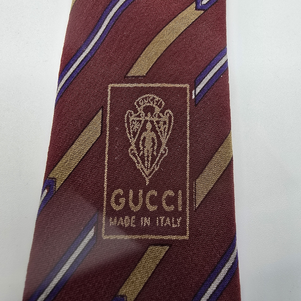 Vintage Silk Gucci Burgundy Tie with Gold and Blue Stripes - Picture 9 of 11